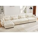 Ball &amp; Cast L Shaped Sectional Cloud Sofa,166" Modular Velvet Sectional Couch with Movable Ottoman,4 Seater Modular Couches w/Waist Pillow,Throw Pillows and Blostered Armrest,for Living Room,Cream