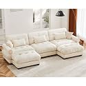 Ball &amp; Cast U Shaped Sectional Sofa,130" 3-Seater Cloud Couch with Waist Pillows,Throw Pillows and Blostered Armrests,Convertible Comfy Chenille Sofa w/Removable Ottomans,for Living Room,Cream