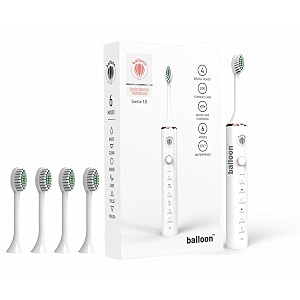balloon sonic electric toothbrush smile 10  4 free brush heads  rechargeable  6 operational modes  30000 vibrations per minute ip67 waterproof white adult 1 count