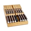 Bamboo Kitchen Drawer Knife Holder, In-drawer Knife Block, Knife Drawer Organizer fit for 16 knives and 1 steel sharpening