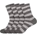 BambooMN Women's Soft Fuzzy Warm Cozy Striped Solid Socks - 4 Pair Value Packs