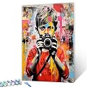 Banksy DIY Oil Painting Paint by Numbers Kits 16 x 20in A Boy Hold a Camera Street Pop Art Canvas Oil Painting Best Gift for Kids Students Adults Beginner with Brushes and Acrylic Pigment (DIY Frame)