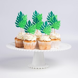 set of 8 jungle leaves cupcake toppers  tropical party decorations greenery cake picks  jungle theme birthday supplies