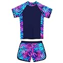 BAOHULU Girls Rash Guard Swimsuit Two Piece Bathing Suit UPF 50+ Short Sleeve Summer Beach Swimwear Size 3-14 Years