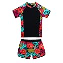BAOHULU Girls Rash Guard Swimsuit Two Piece Bathing Suit UPF 50+ Short Sleeve Summer Beach Swimwear Size 3-14 Years