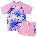 BAOHULU Girls Short Sleeve Swimsuit Two Piece Floral UPF 50+ Rash Guard