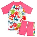BAOHULU Girls Short Sleeve Swimsuit Two Piece Floral UPF 50+ Rash Guard