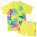 BAOHULU Girls Short Sleeve Swimsuit Two Piece Floral UPF 50+ Rash Guard