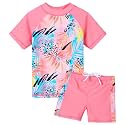 BAOHULU Girls Short Sleeve Swimsuit Two Piece Floral UPF 50+ Rash Guard