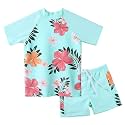 BAOHULU Girls Short Sleeve Swimsuit Two Piece Floral UPF 50+ Rash Guard