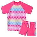 BAOHULU Girls Short Sleeve Swimsuit Two Piece Floral UPF 50+ Rash Guard