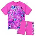 BAOHULU Girls Short Sleeve Swimsuit Two Piece Floral UPF 50+ Rash Guard