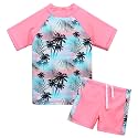 BAOHULU Girls Short Sleeve Swimsuit Two Piece Floral UPF 50+ Rash Guard