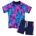 BAOHULU Girls Short Sleeve Swimsuit Two Piece Floral UPF 50+ Rash Guard