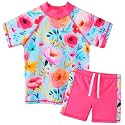 BAOHULU Girls Short Sleeve Swimsuit Two Piece Floral UPF 50+ Rash Guard