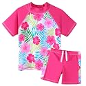 BAOHULU Girls Short Sleeve Swimsuit Two Piece Floral UPF 50+ Rash Guard