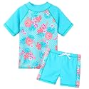 BAOHULU Girls Short Sleeve Swimsuit Two Piece Floral UPF 50+ Rash Guard
