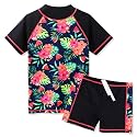 BAOHULU Girls Short Sleeve Swimsuit Two Piece Floral UPF 50+ Rash Guard
