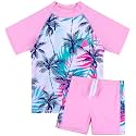 BAOHULU Girls Short Sleeve Swimsuit Two Piece Floral UPF 50+ Rash Guard