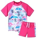 BAOHULU Girls Short Sleeve Swimsuit Two Piece Floral UPF 50+ Rash Guard