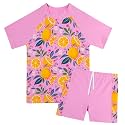 BAOHULU Girls Short Sleeve Swimsuit Two Piece Floral UPF 50+ Rash Guard