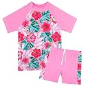 BAOHULU Girls Short Sleeve Swimsuit Two Piece Floral UPF 50+ Rash Guard