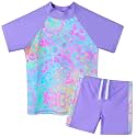 BAOHULU Girls Short Sleeve Swimsuit Two Piece Floral UPF 50+ Rash Guard