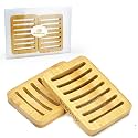 Bar Soap Holder, 2 Pack Self Draining Bamboo Sponge Holder - Curved Surface Slotted Soap Dish for Shower, Bathroom, Bathtub, Sink, RV, Packed in A Case(Bamboo Style)