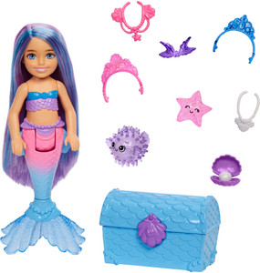 barbie chelsea mermaid doll blue  purple hair 2 petstreasure chest  accessories