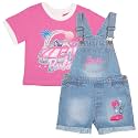 Barbie Girl's Crewneck T-Shirt and Denim Short Overalls 2-Piece Set Pink Convertible Tee and Jean Shortalls for Kids