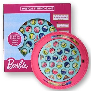 barbie musical fishing game - rotating underwater adventure toy for kids 3 - includes 21 fishes amp 4 fishing poles - battery powered interactive pink game for girls motor skill development