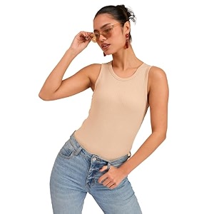 barcino beige ribbed round neck tank top