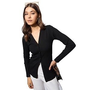 barcino Black Rib Front Button Top