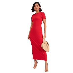 barcino Red Rib Bodycon Back Slit Maxi