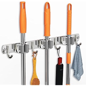 304 stainless steel mop and broom holder wall mounted stand - pack of 1 hanging shelves