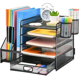 desk organizer with file holder 5-tier paper letter tray organizer with drawer and 2 pen holder mesh desktop storage organizer for office supplies black