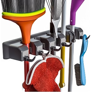 mop and broom holder wall mount heavy duty broom holder wall mounted or tool organizer for home garden garage and storage 5 positions with 6 hooks black