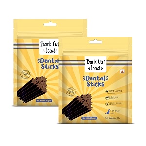 bark out loud- dental sticks dog treats  sugar free  plaque tartar amp odour oral care  fresh smell chicken dog treats - 200 gms 100 gm x 2