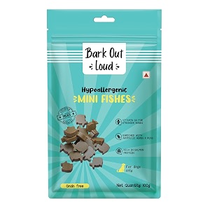bark out loud - mini fishes dog treats  hypoallergenicgrain-free  soft chews with biotin  salmon peas amp aromatic herbs  protein-packed snacks for adult dogs 100g