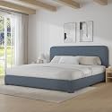 BarnFurin King Bed Frame, Cloud Boucle Headboard, Rounded Corners, Blue