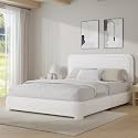 BarnFurin Full Bed Frame, Cloud Boucle Headboard, Rounded Corners, White
