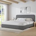 BarnFurin King Bed Frame, Cloud Boucle Headboard, Low Profile, Light Grey