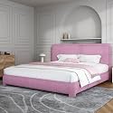 BarnFurin King Bed Frame, Cloud Boucle Headboard, Low Profile, Rose Pink