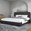 BarnFurin King Bed Frame, Cloud Boucle Headboard, Rounded Corners, Black