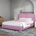 BarnFurin Queen Bed Frame, Cloud Boucle Headboard, Low Profile, Rose Pink