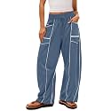 Barrel Pants Women Casual Cargo Wide Leg Baggy Sweatpants Drawstring High Waisted Lounge Palazzo Pants with Pockets