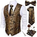 Barry.Wang Men's Suit Vest Tie Bowtie Hanky Cufflinks Clip Brooch 7PCS