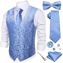 Barry.Wang Men's Suit Vest Tie Bowtie Hanky Cufflinks Clip Brooch 7PCS