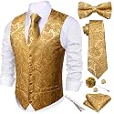 Barry.Wang Men's Suit Vest Tie Bowtie Hanky Cufflinks Clip Brooch 7PCS
