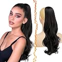 BARSDAR Black Brown Wavy Drawstring Ponytail Extension – 20 Inch Drawstring Comb Clip in Ponytail Hair Extensions for Women, Natural Looking Synthetic Curly Wavy Pony Tails Hairpieces